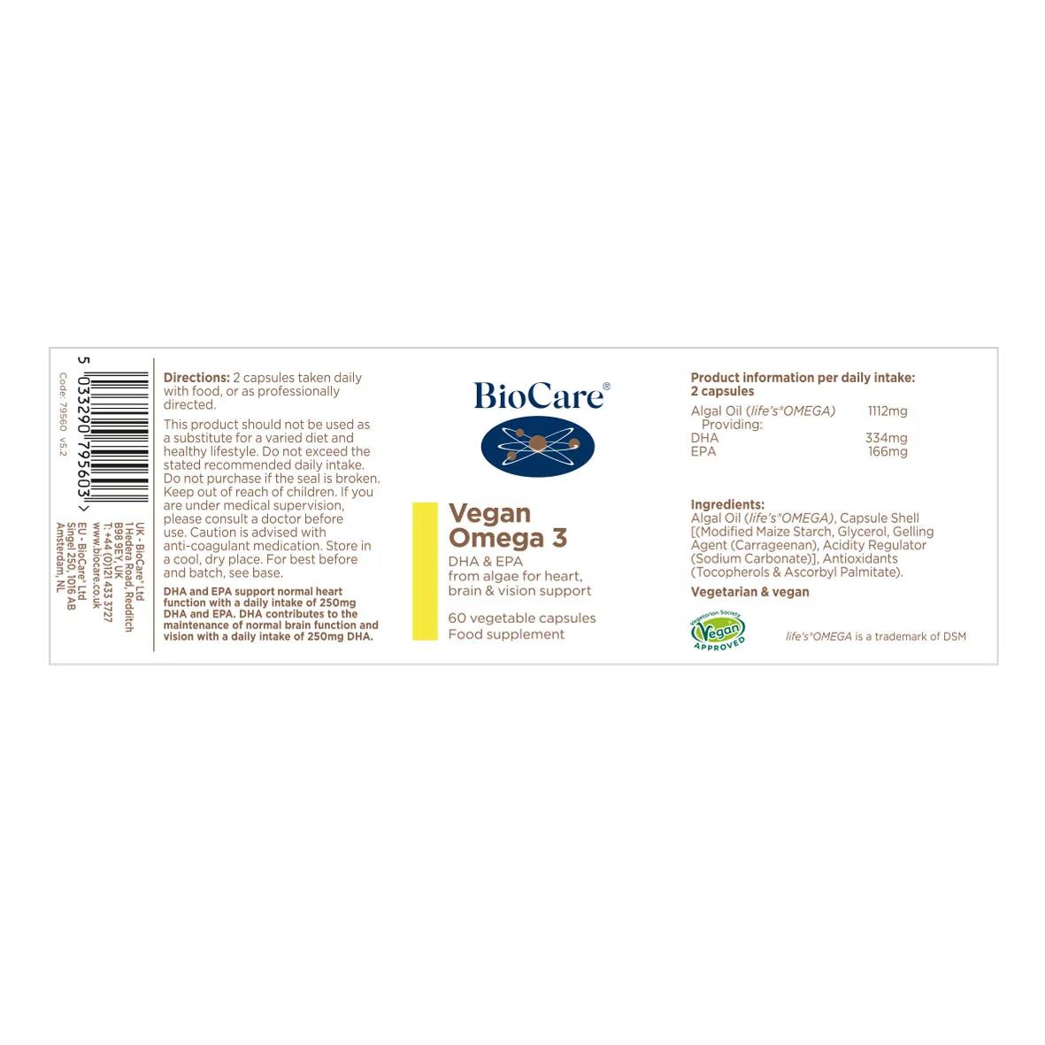 Vegan Omega 3 (Algal DHA & EPA) 60 Capsules - Image 2