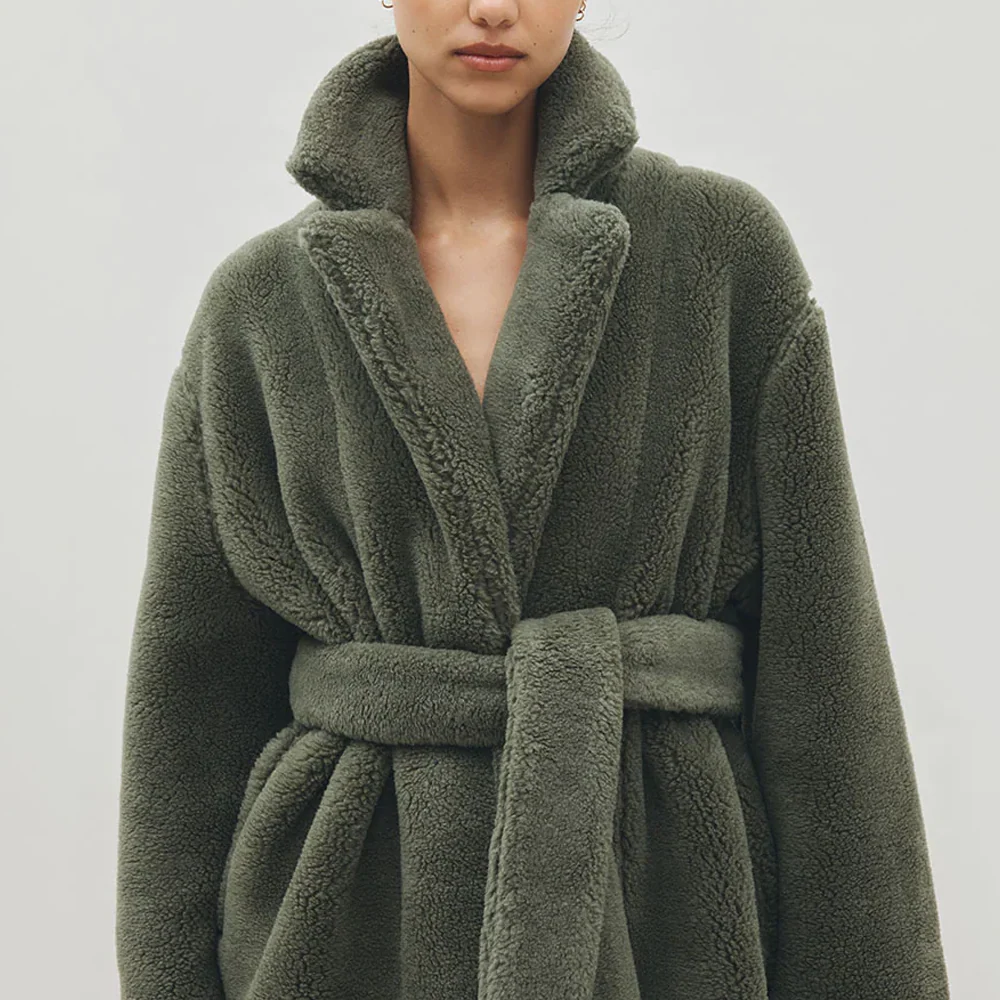 Merino Knit Fleece Bath Robe - Unisex - Olive Grove - L - Image 4